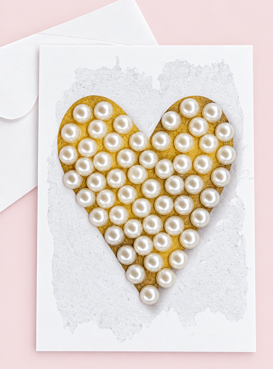 Gold and Pearl Heart with Silver Watercolour Background - Mini Size greeting card with its original design, shown with a white envelope on a pale pink background