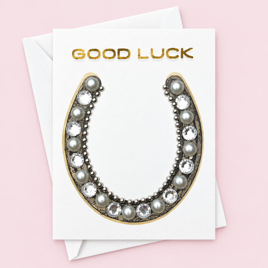 Good Luck Horseshoe Greeting Card Silver with a white envelope on a pale pink background