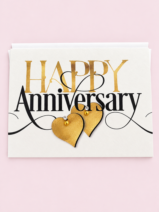 Happy Anniversary ❤️❤️ with a white envelope on a pale pink background