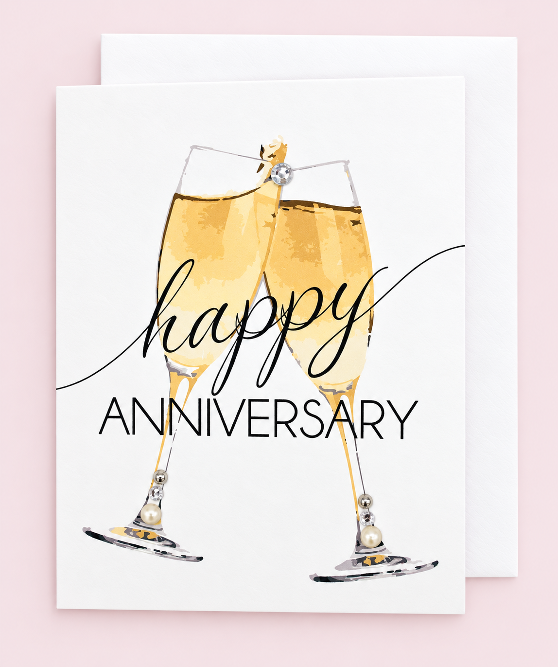Happy Anniversary Champagne Greeting Card with white envelope on a pale pink background