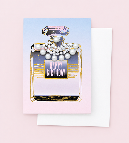 Happy Birthday Perfume Bottle Greeting Card Mini Size with white envelope on a pale pink background