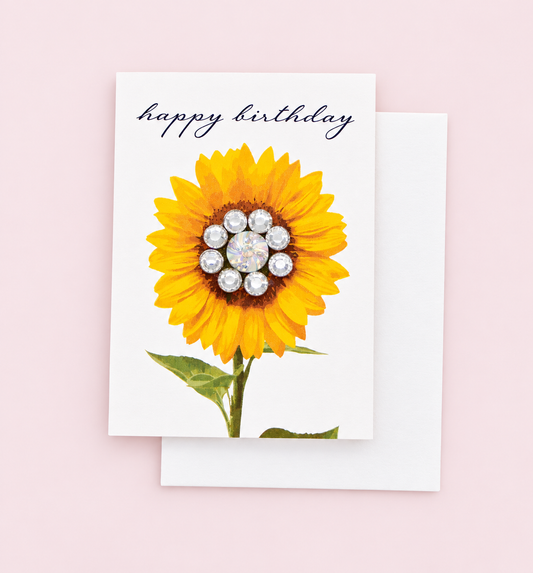 Happy Birthday Sunflower Greeting Card Mini Size with white envelope on a pale pink background