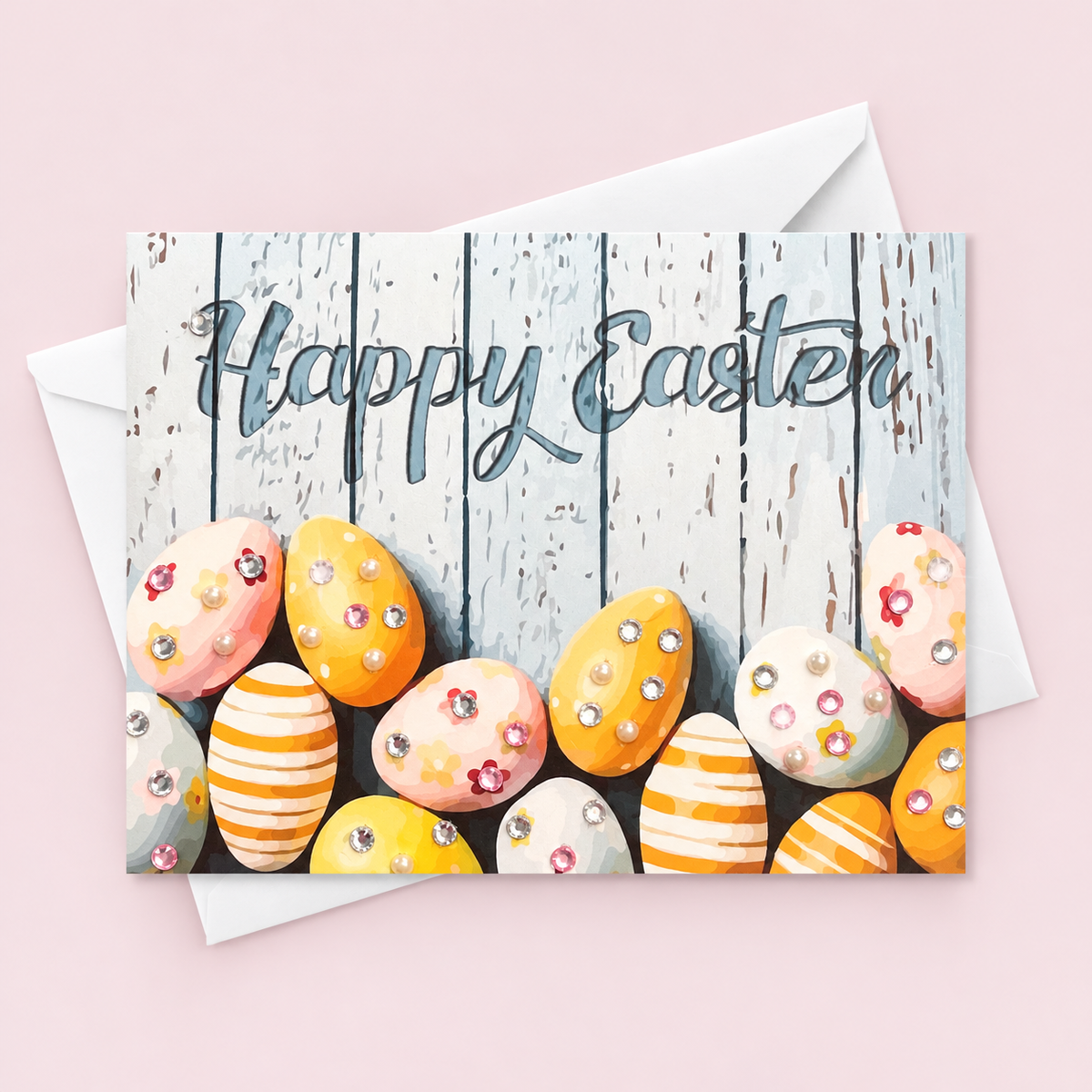 Happy Easter greeting card with its original design, shown with a white envelope on a pale pink background