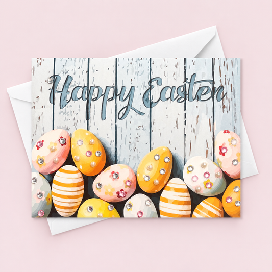 Happy Easter greeting card with its original design, shown with a white envelope on a pale pink background