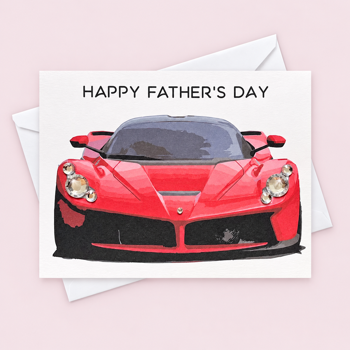 Happy Father’s Day Card – Red Sports Car Greeting Card for Dad | Handmade Card with Rhinestone Accents with a white envelope on a pale pink background