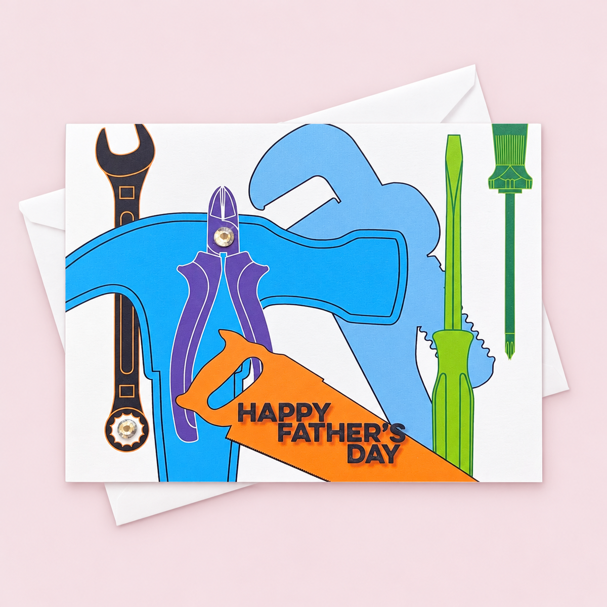 Happy Father’s Day Greeting Card – Handyman Dad Card greeting card with its original design, shown with a white envelope on a pale pink background