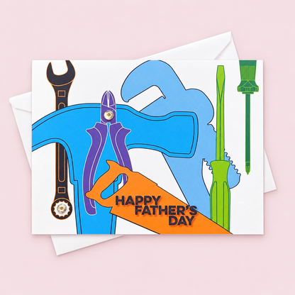 Happy Father’s Day Greeting Card – Handyman Dad Card greeting card with its original design, shown with a white envelope on a pale pink background