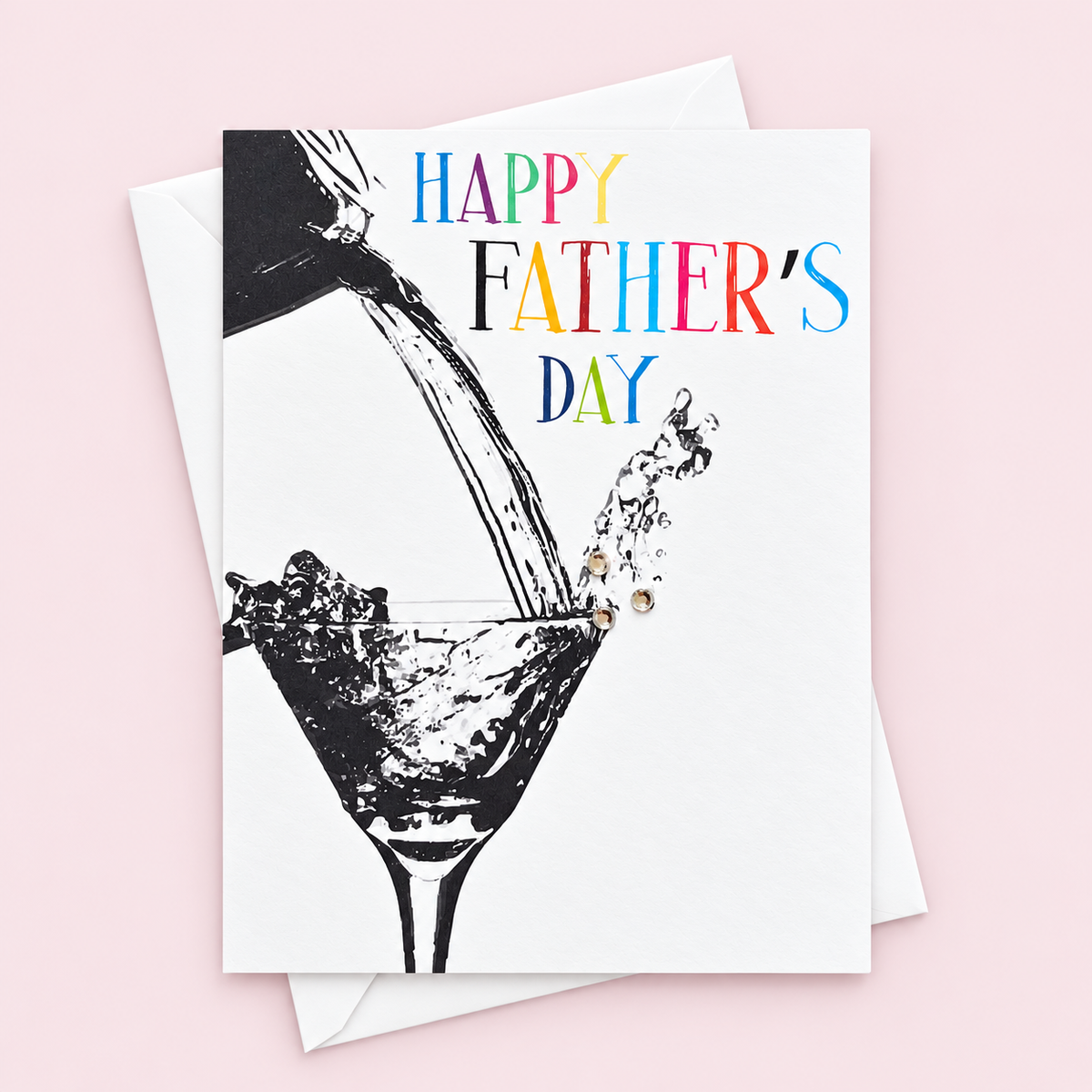 Father’s Day Cocktail Card – Martini Glass Greeting Card for Dad | Happy Hour Father’s Day Gift | Handmade Card for Drink Lovers greeting card with its original design, shown with a white envelope on a pale pink background