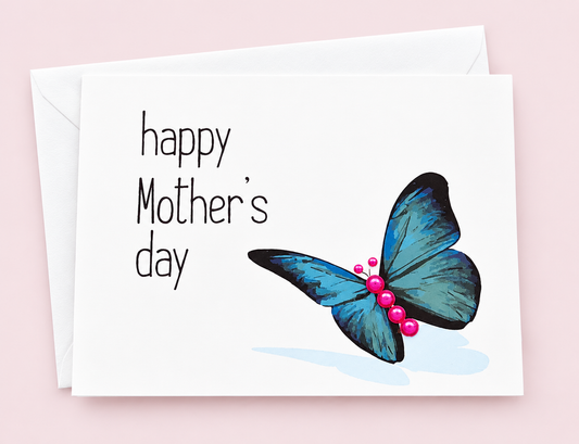 Happy Mother's Day Blue Butterfly Greeting Card with white envelope on a pale pink background