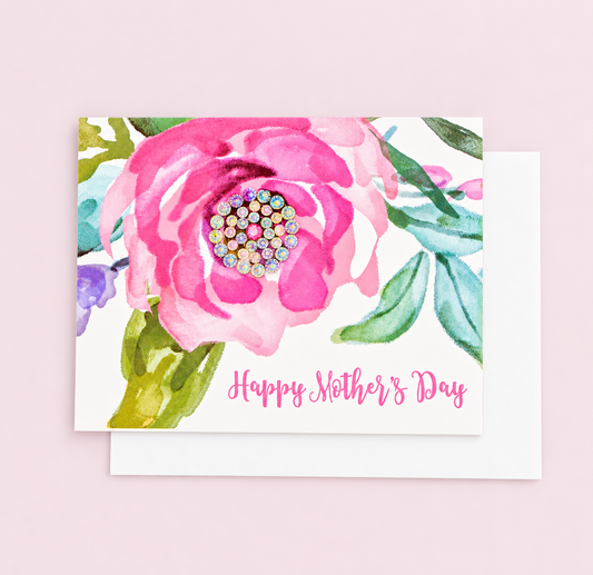 Happy Mother's Day Pink Flower Card with white envelope on a pale pink background