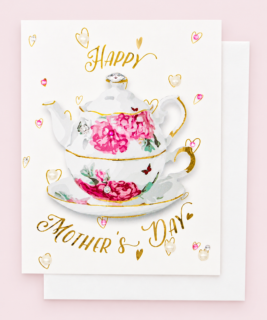 Happy Mother's Day Tea Pot Card with white envelope on a pale pink background