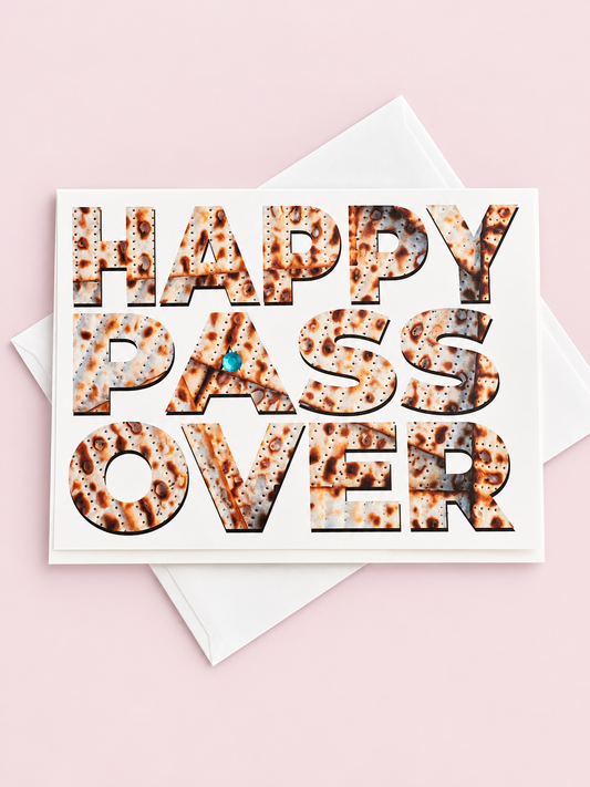 Happy Passover greeting card with its original design, shown with a white envelope on a pale pink background