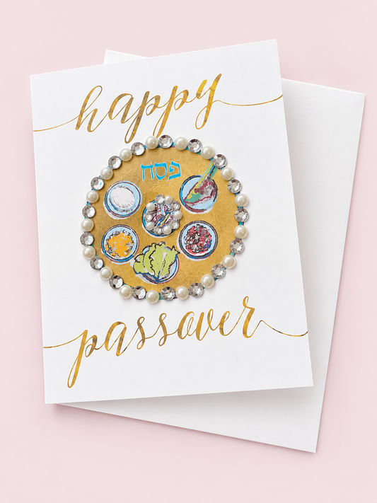 Happy Passover greeting card with its original design, shown with a white envelope on a pale pink background