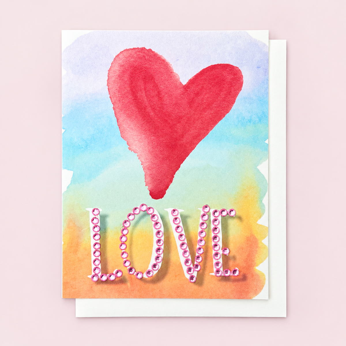 Watercolour Love Heart with a white envelope on a pale pink background