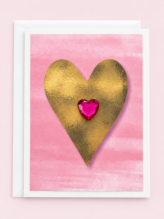 Heart mini greeting card with its original design, shown with a white envelope on a pale pink background