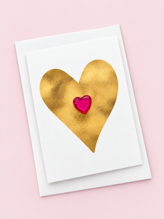 Heart mini greeting card with its original design, shown with a white envelope on a pale pink background