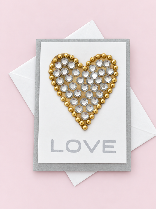 Heart mini greeting card with its original design, shown with a white envelope on a pale pink background