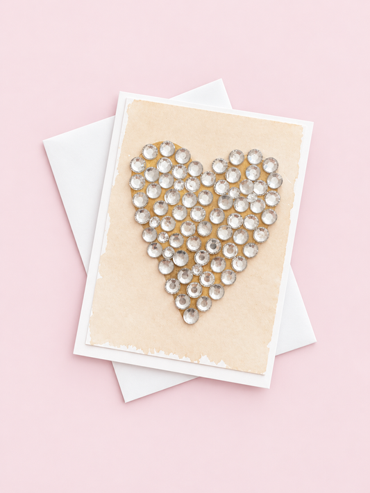 Heart greeting card with its original design, shown with a white envelope on a pale pink background