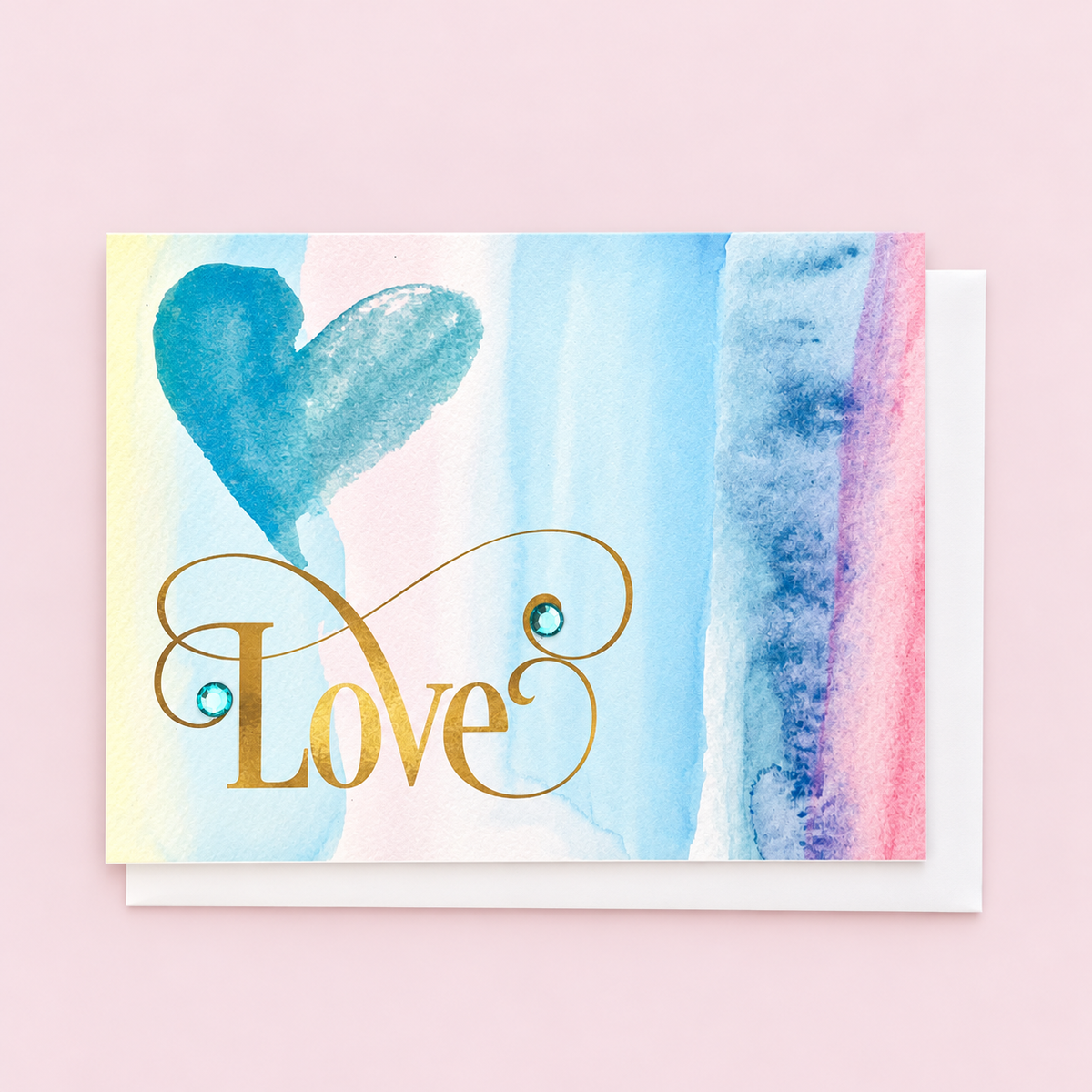 Watercolour Heart + Love with a white envelope on a pale pink background