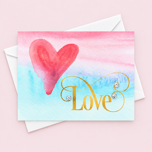 Watercolour Love with a white envelope on a pale pink background