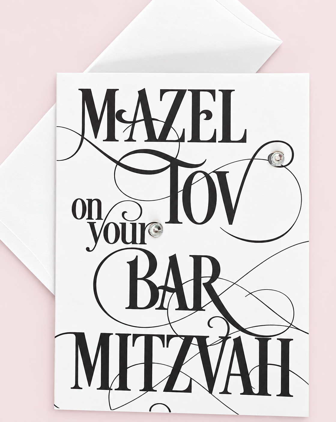Mazel Tov on Your Bar Mitzvah Black Script greeting card with its original design, shown with a white envelope on a pale pink background