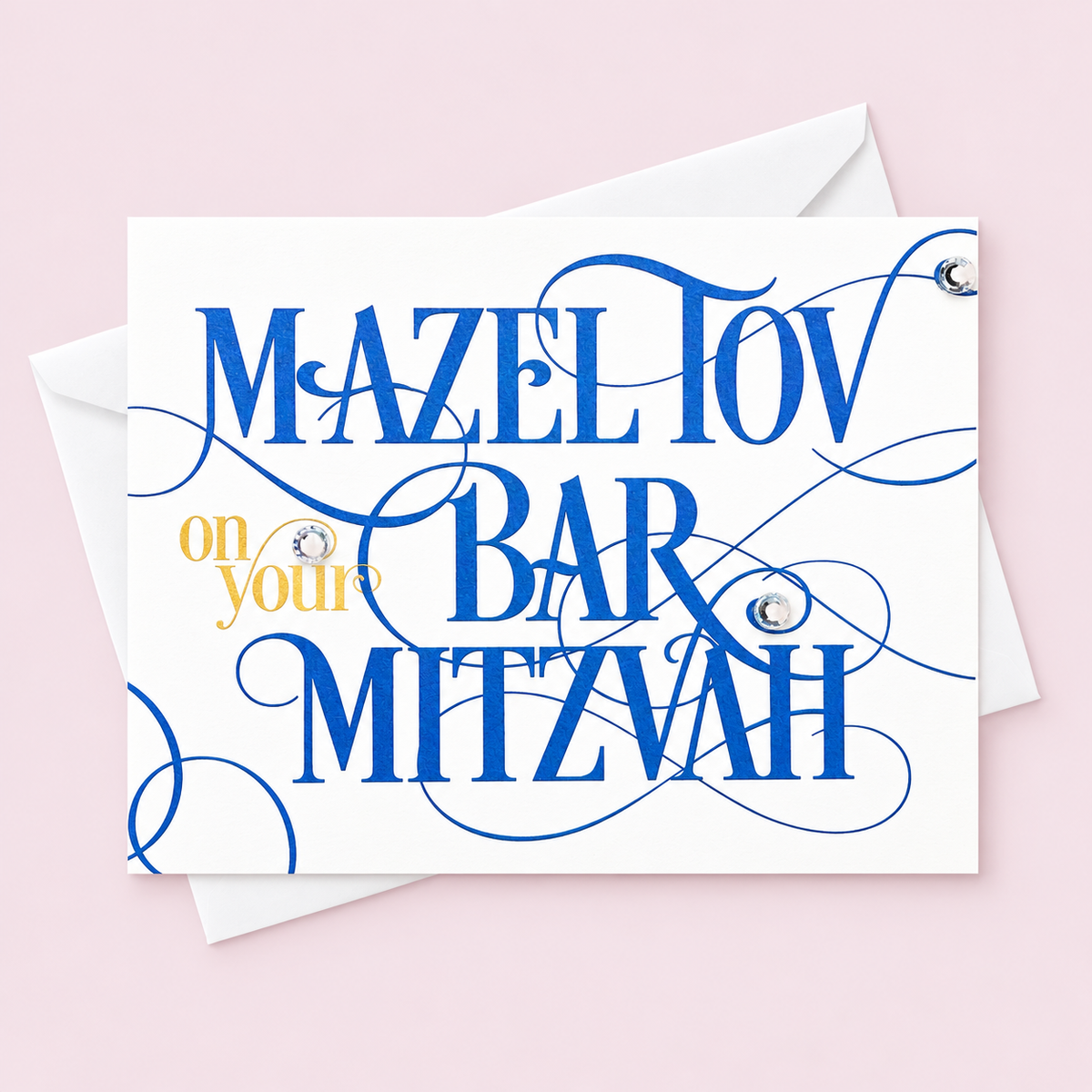 Mazel Tov on Your Bar Mitzvah Blue Script greeting card with its original design, shown with a white envelope on a pale pink background