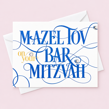 Mazel Tov on Your Bar Mitzvah Blue Script greeting card with its original design, shown with a white envelope on a pale pink background