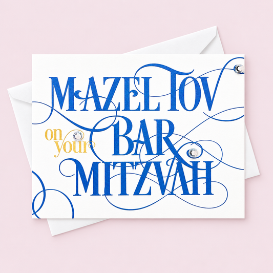 Mazel Tov on Your Bar Mitzvah Blue Script greeting card with its original design, shown with a white envelope on a pale pink background
