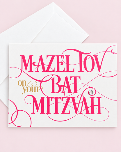 Mazel Tov on your Bat Mitzvah Hot Pink Script greeting card with its original design, shown with a white envelope on a pale pink background