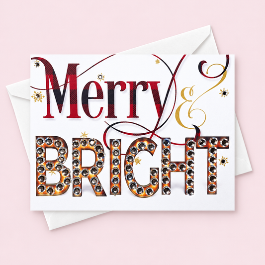Merry & Bright! Greeting Card greeting card with its original design, shown with a white envelope on a pale pink background