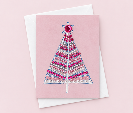 Merry Christmas Tree Greeting Card Pink Sparkles with a white envelope on a pale pink background