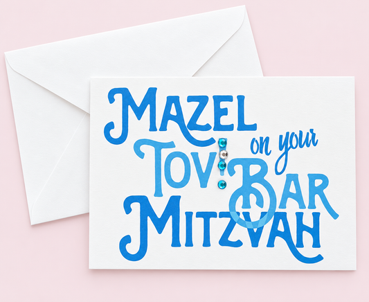 Mini Mazel Tov on your Bar Mitzvah Blue greeting card with its original design, shown with a white envelope on a pale pink background
