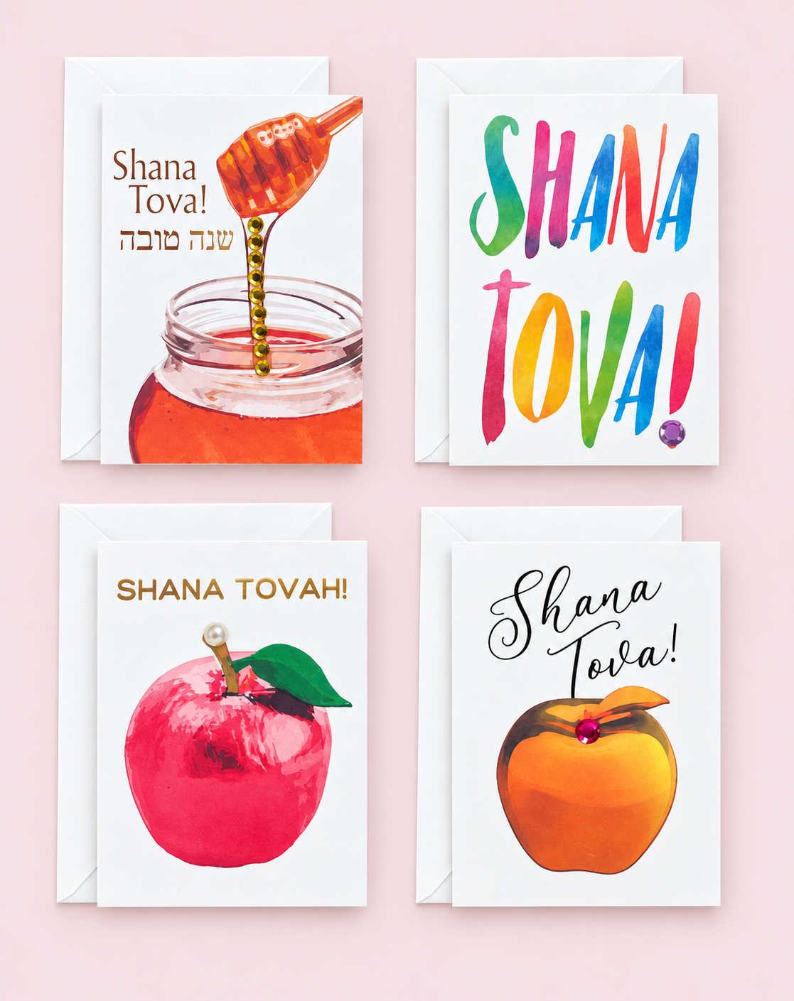 Mini Shana Tova Cards Set | 4 Handmade Rosh Hashanah Greeting Cards | Jewish New Year greeting card with its original design, shown with a white envelope on a pale pink background