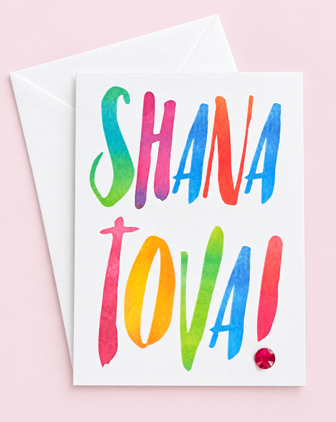 Mini Shana Tova Colourful Letters greeting card with its original design, shown with a white envelope on a pale pink background