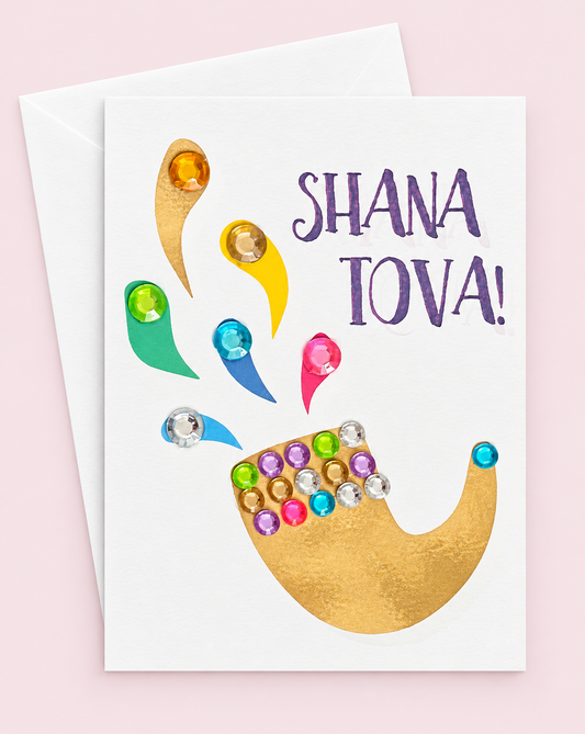 Mini Shana Tova Shofar greeting card with its original design, shown with a white envelope on a pale pink background