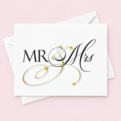 Mr & Mrs Wedding Greeting Card – Gold Flourish with Crystal Gem Accents | Blank Inside | Handmade in Canada with white envelope on a pale pink background