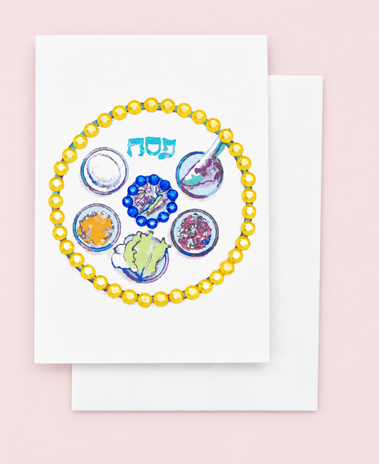 Passover Greeting Card Gold Mini Size with white envelope on a pale pink background