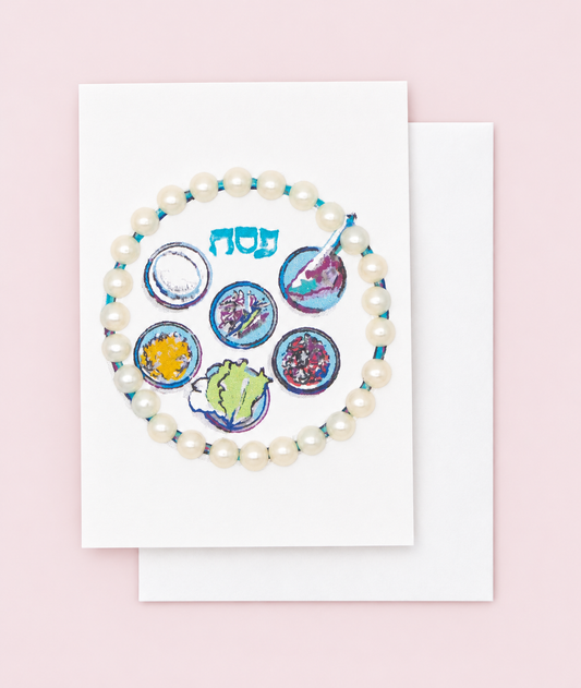 Passover Greeting Card Mini Size with white envelope on a pale pink background