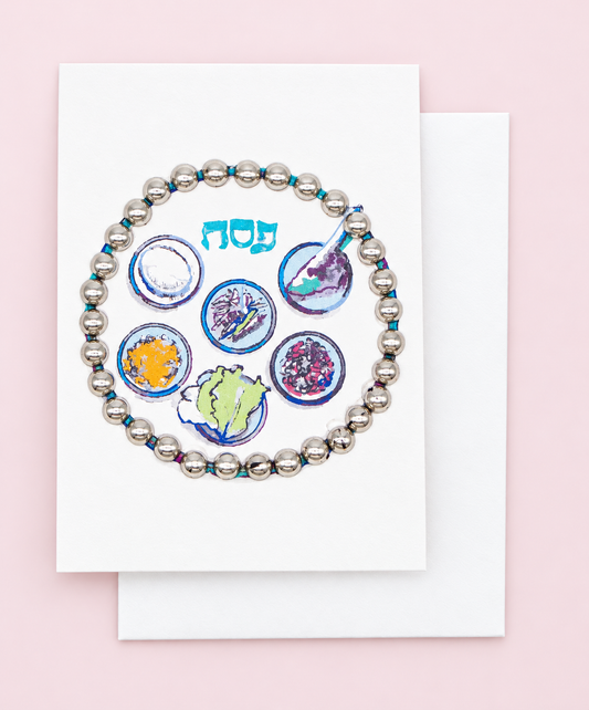 Passover Greeting Card Silver Mini Size with white envelope on a pale pink background