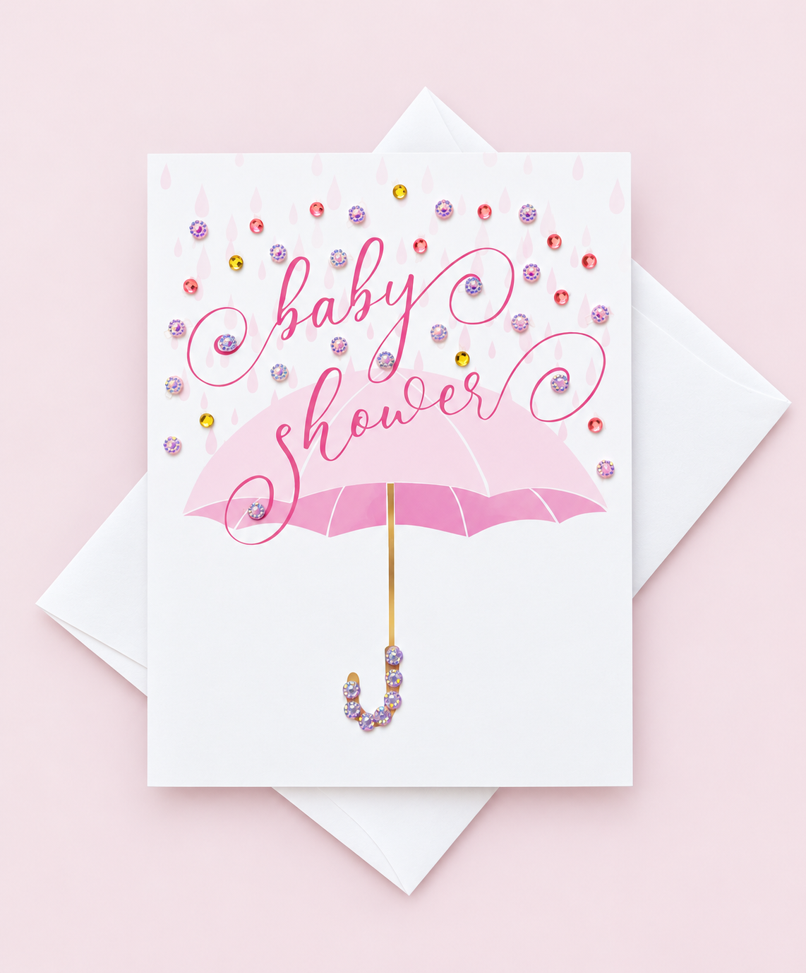 Pink Baby Shower Umbrella Greeting Card greeting card with its original design, shown with a white envelope on a pale pink background