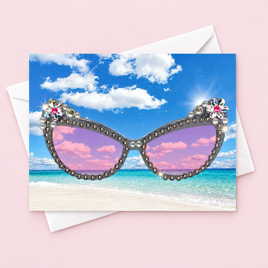 Pink Fashion Sunglasses Greeting Card with white envelope on a pale pink background