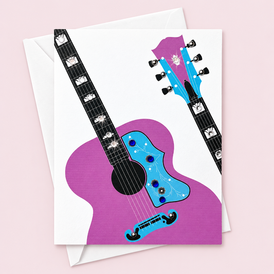 Purple Guitar Greeting Card with white envelope on a pale pink background