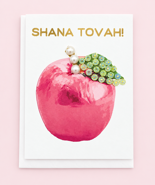Red Apple Rosh Hashanah mini with white envelope on a pale pink background