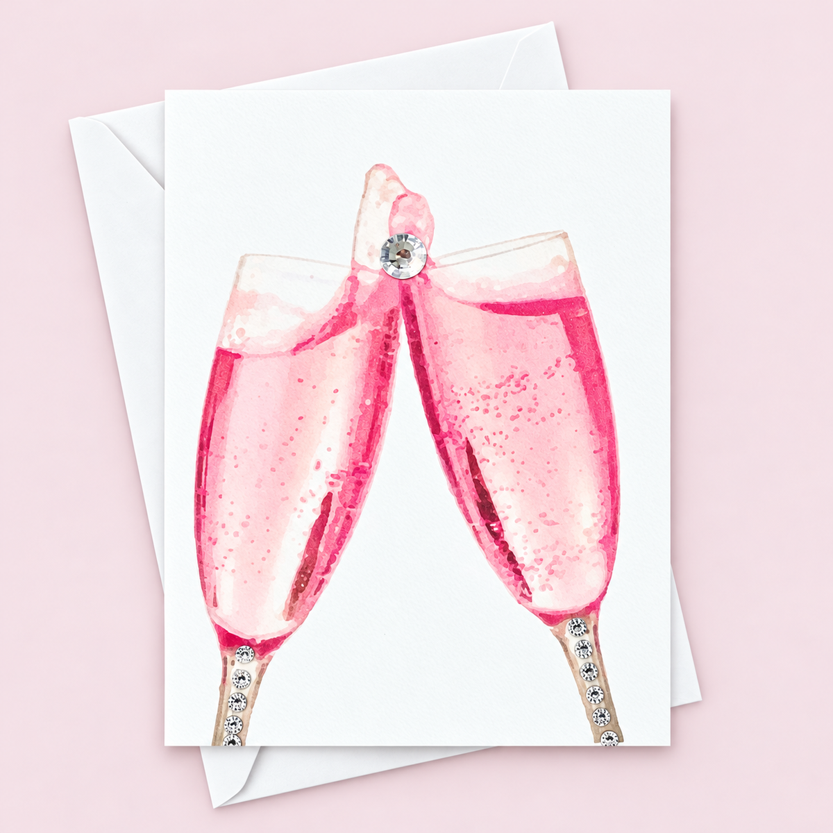 Rose Champagne Greeting Card greeting card with its original design, shown with a white envelope on a pale pink background