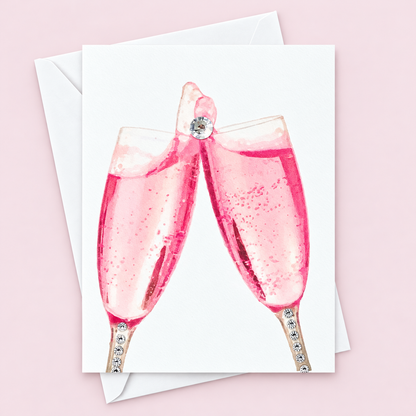 Rose Champagne Greeting Card greeting card with its original design, shown with a white envelope on a pale pink background