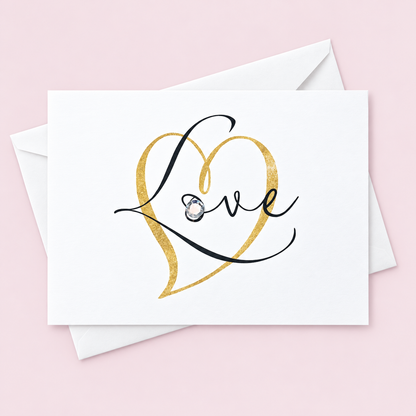 Script Love With Gold Heart greeting card with its original design, shown with a white envelope on a pale pink background