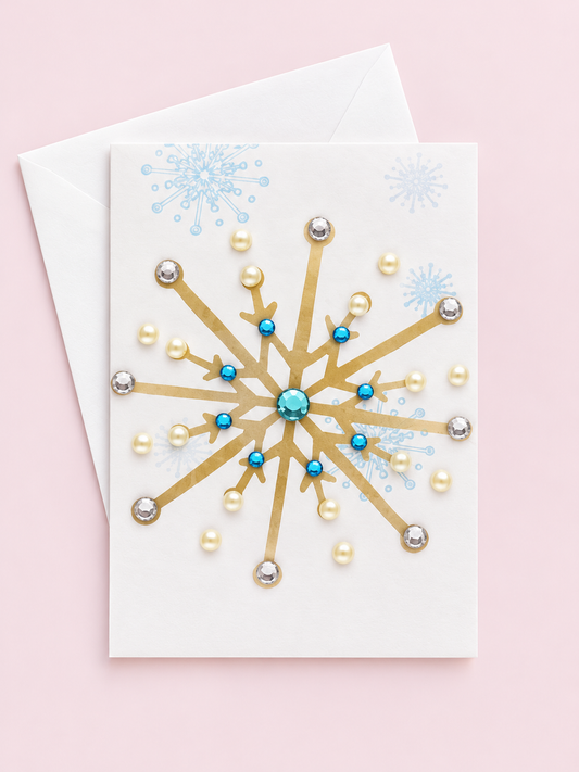 Snowflake mini with a white envelope on a pale pink background
