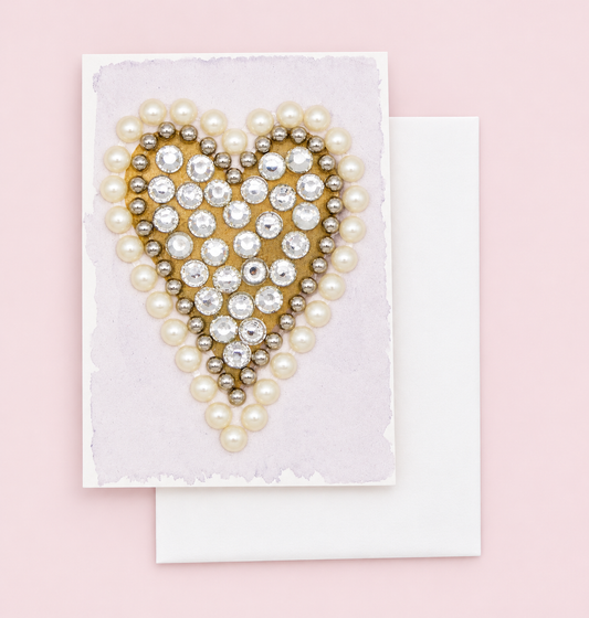 Sparkly Heart Greeting Card Mini Size with white envelope on a pale pink background