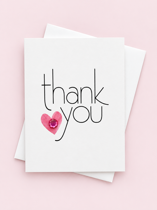 Thank You Red Heart, Greeting Card with a white envelope on a pale pink background