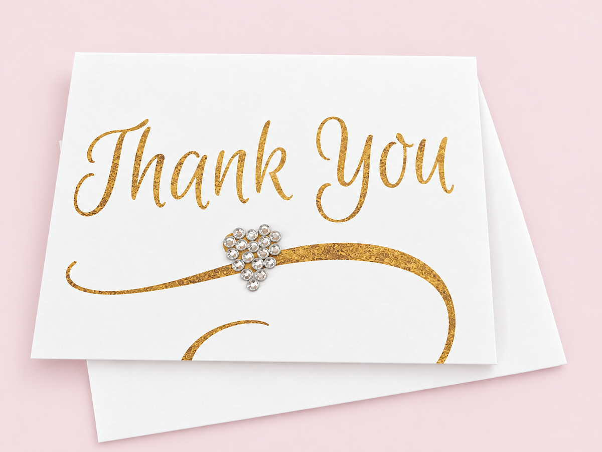Thank you card greeting card with its original design, shown with a white envelope on a pale pink background